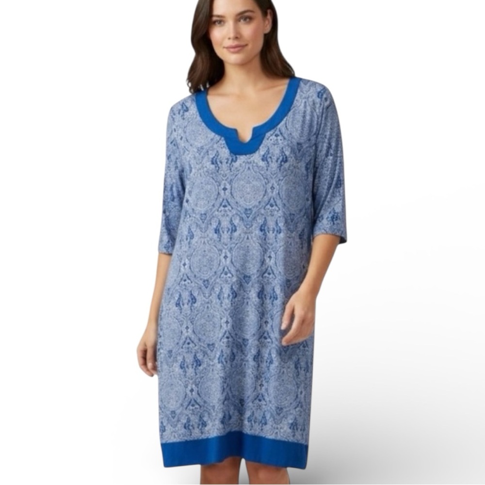 Liz Claiborne Blue Paisley Midi Dress XL 3/4 Sleeve V Neck